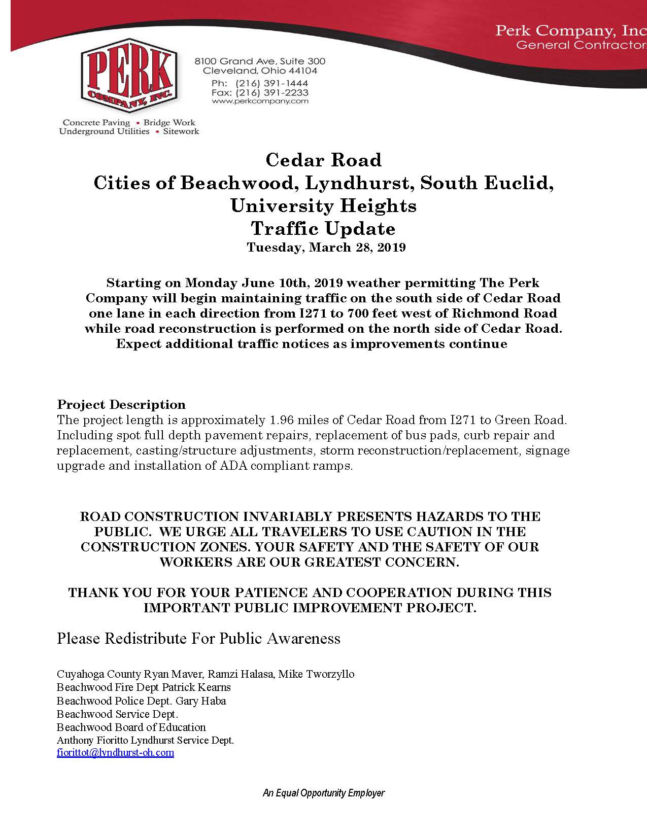 Cedar Road Construction Update: An Equal Opportunity Employer Cedar Road Cities of Beachwood, Lyndhu