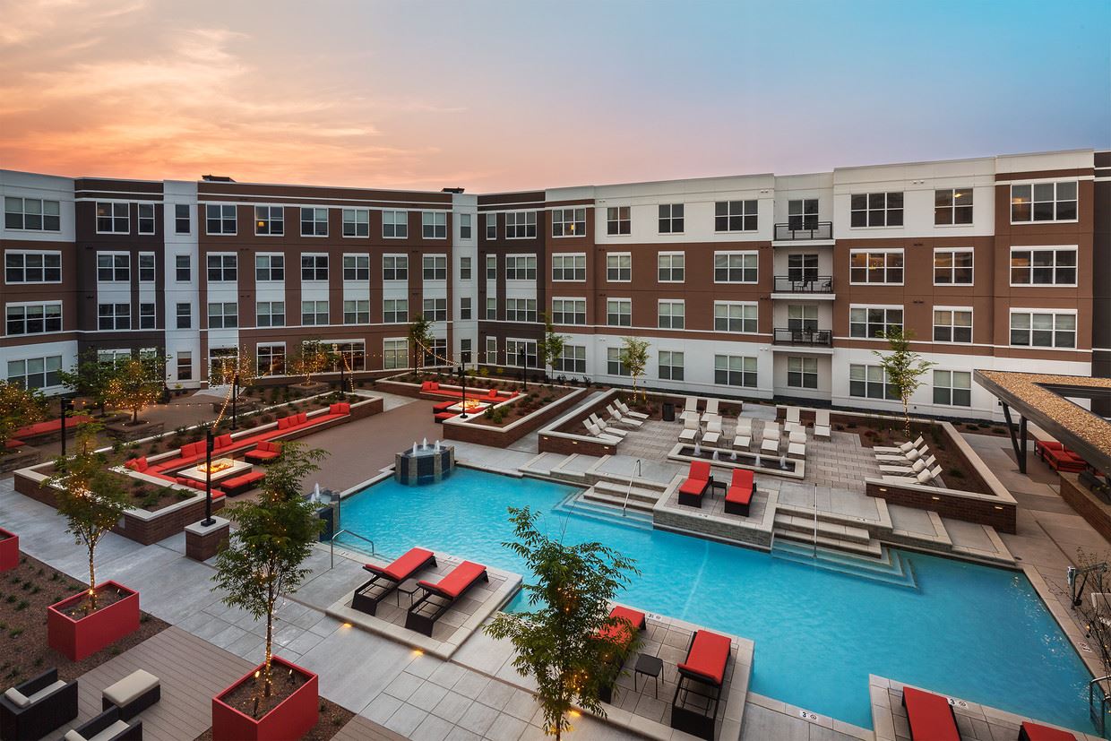 Exterior photo looking down at The Vue pool and lounge area